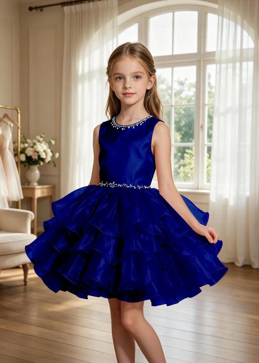 Jeweled Neck Tiered Tulle Party Dress for Girls