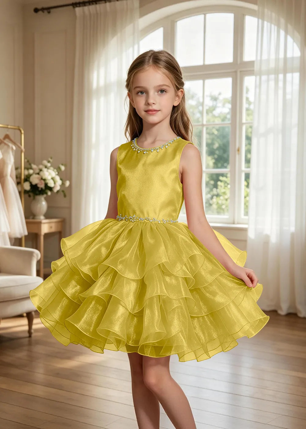 Jeweled Neck Tiered Tulle Party Dress for Girls