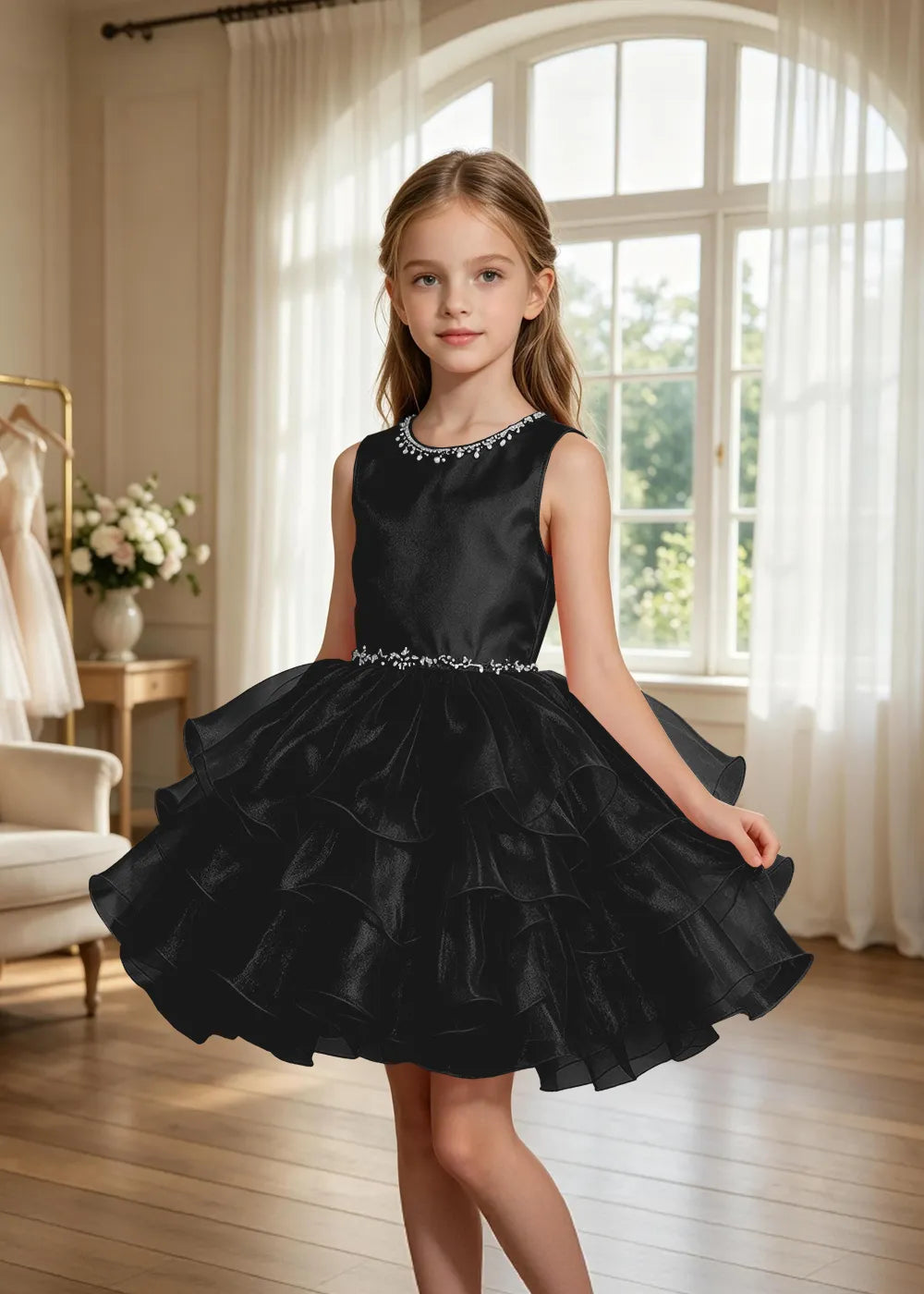 Jeweled Neck Tiered Tulle Party Dress for Girls