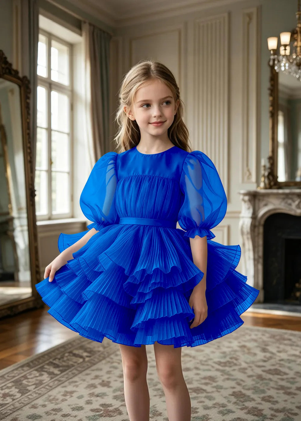 Pleated Puff Sleeve Tulle Party Dress for Girls