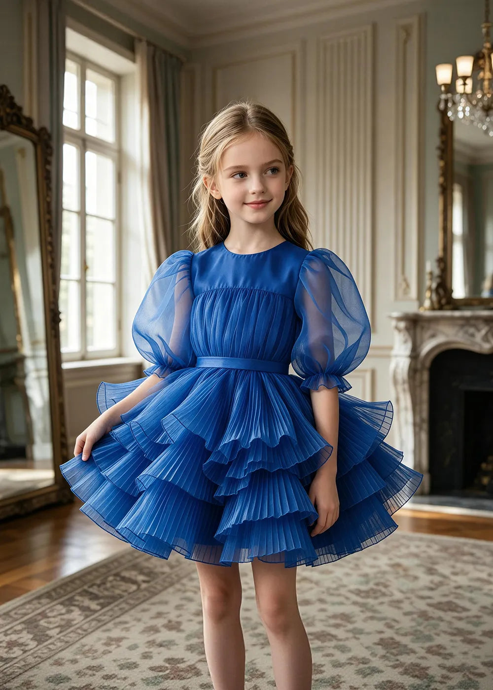 Pleated Puff Sleeve Tulle Party Dress for Girls