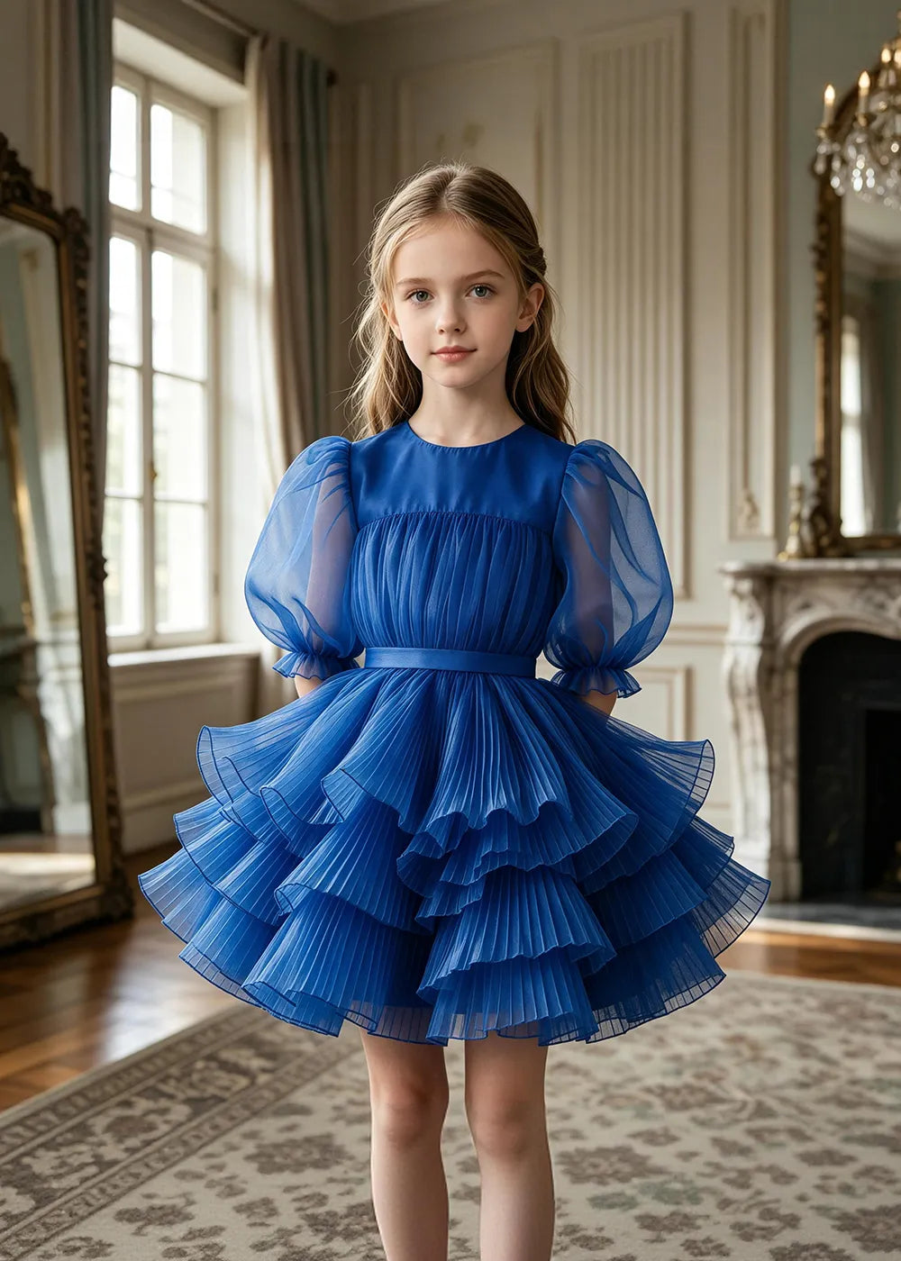 Pleated Puff Sleeve Tulle Party Dress for Girls