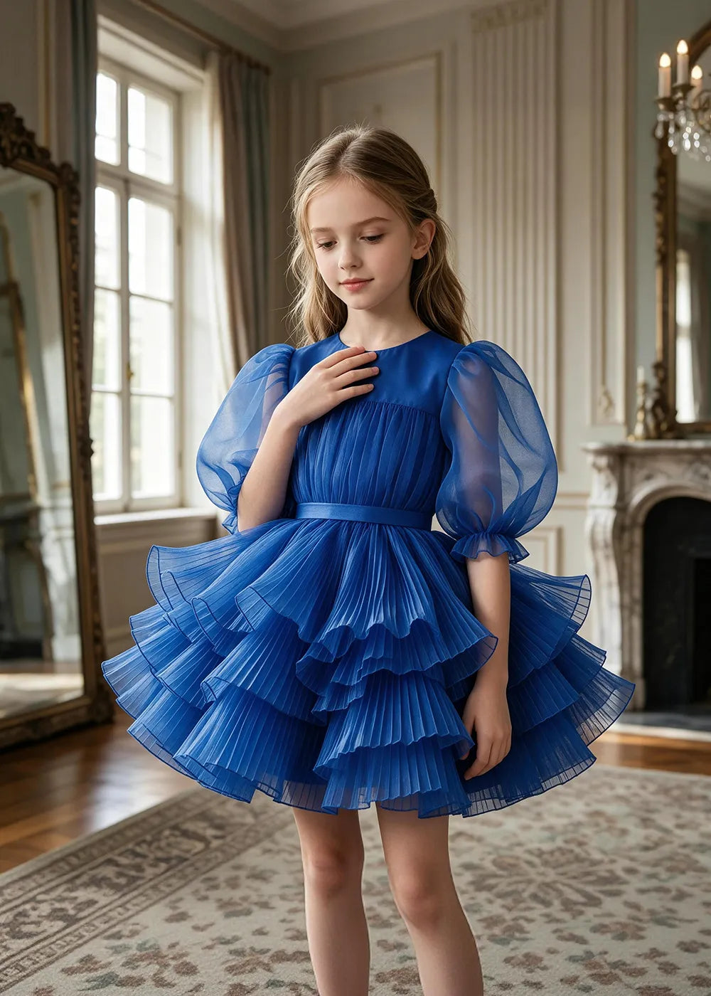 Pleated Puff Sleeve Tulle Party Dress for Girls