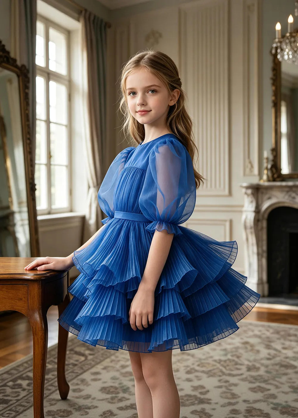 Pleated Puff Sleeve Tulle Party Dress for Girls