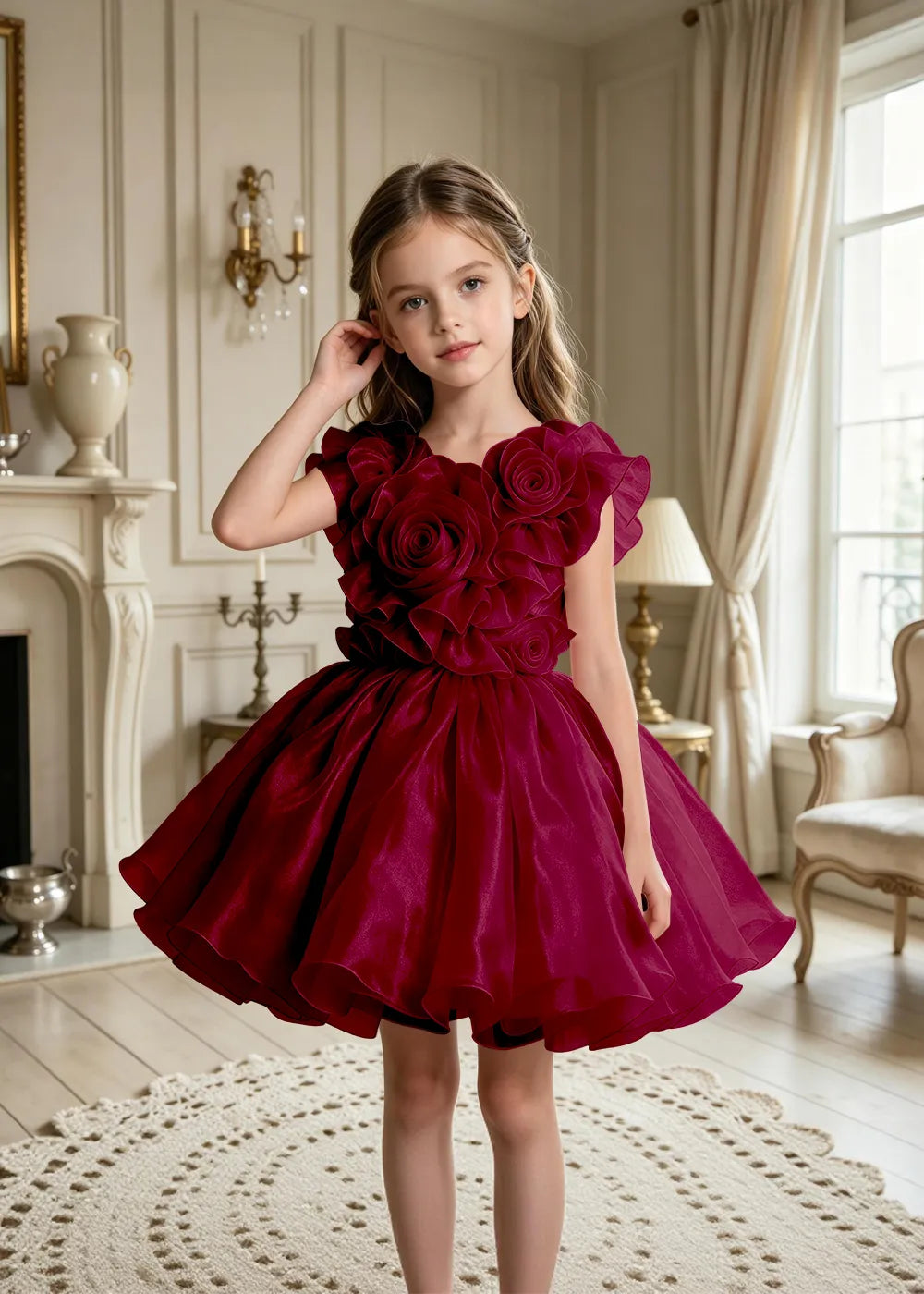 3D Rose Appliqué Tulle Party Dress for Girls