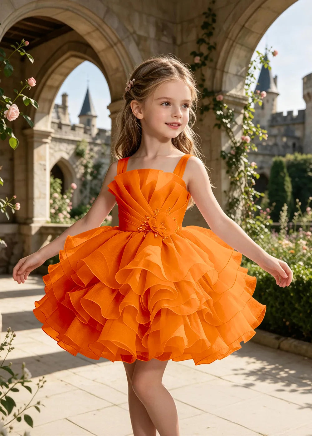 Sculpted Floral Ruffle Party Dress for Girls