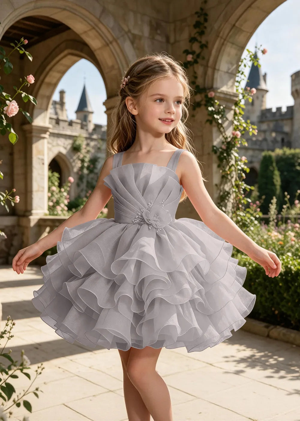 Sculpted Floral Ruffle Party Dress for Girls