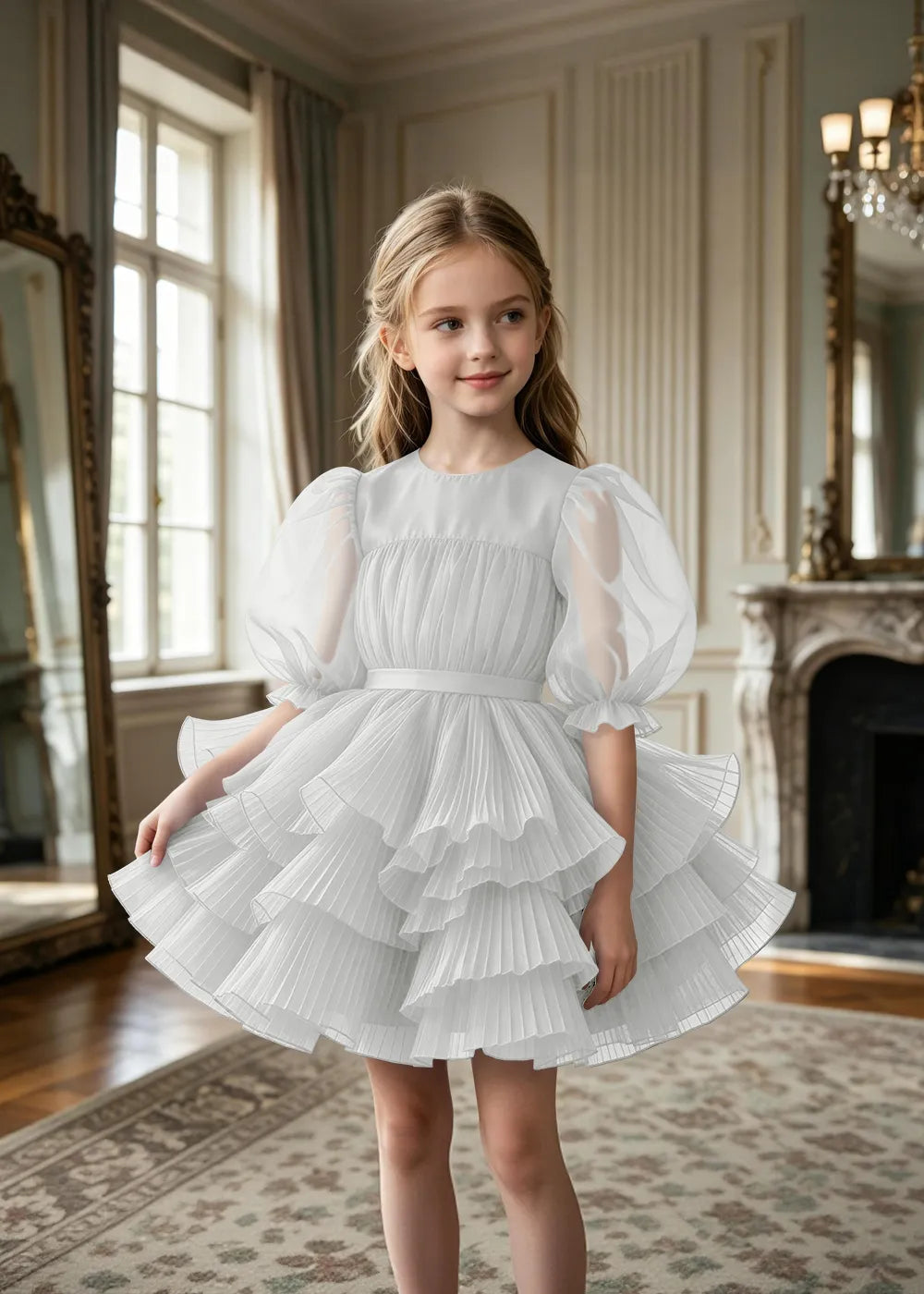 Pleated Puff Sleeve Tulle Party Dress for Girls
