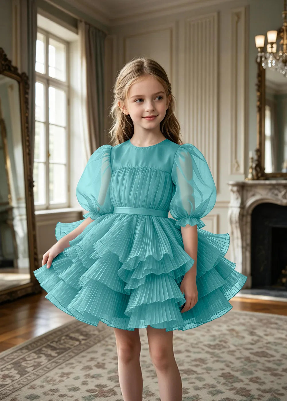 Pleated Puff Sleeve Tulle Party Dress for Girls
