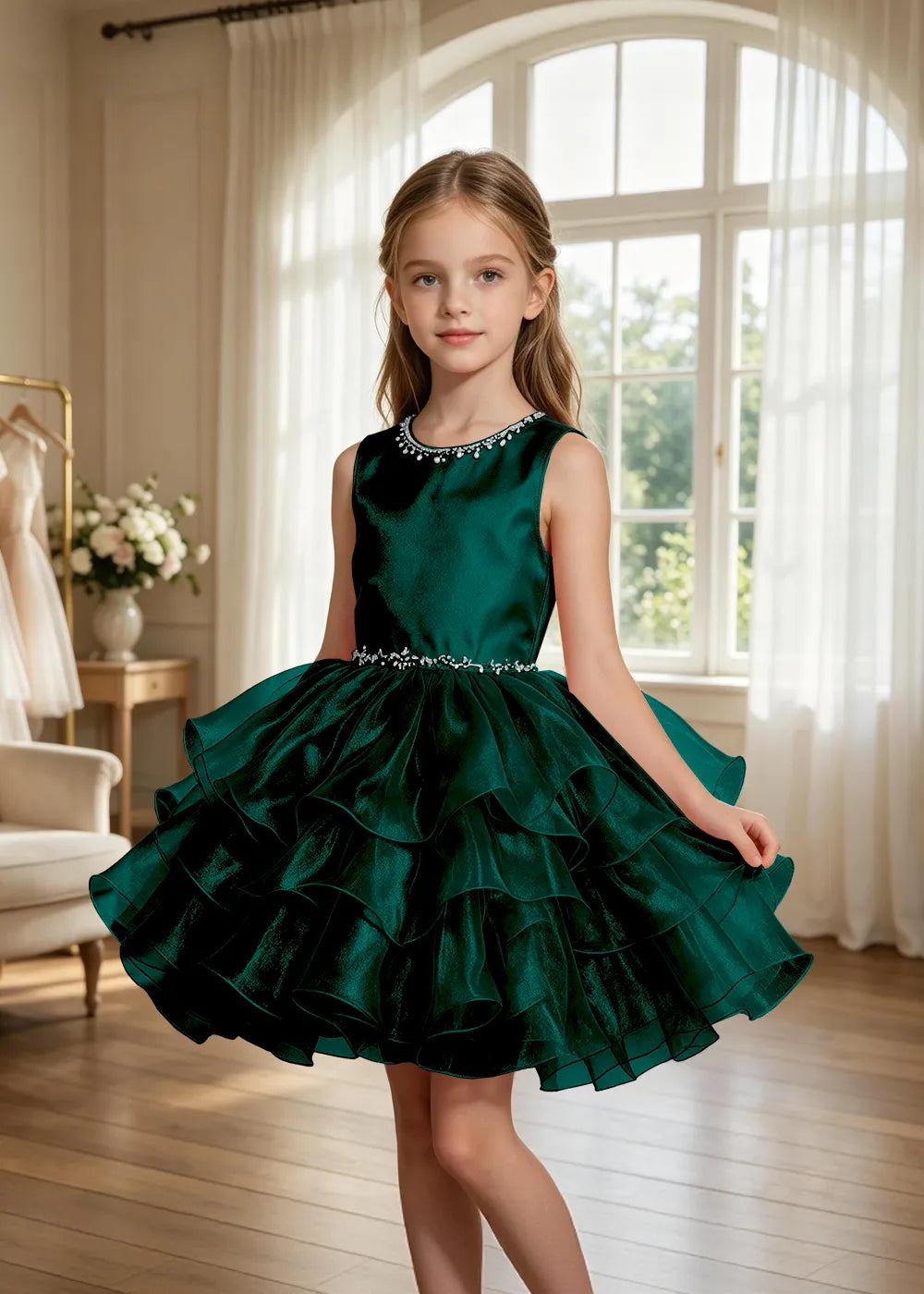 Jeweled Neck Tiered Tulle Party Dress for Girls