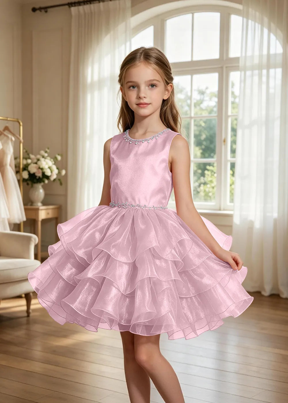 Jeweled Neck Tiered Tulle Party Dress for Girls
