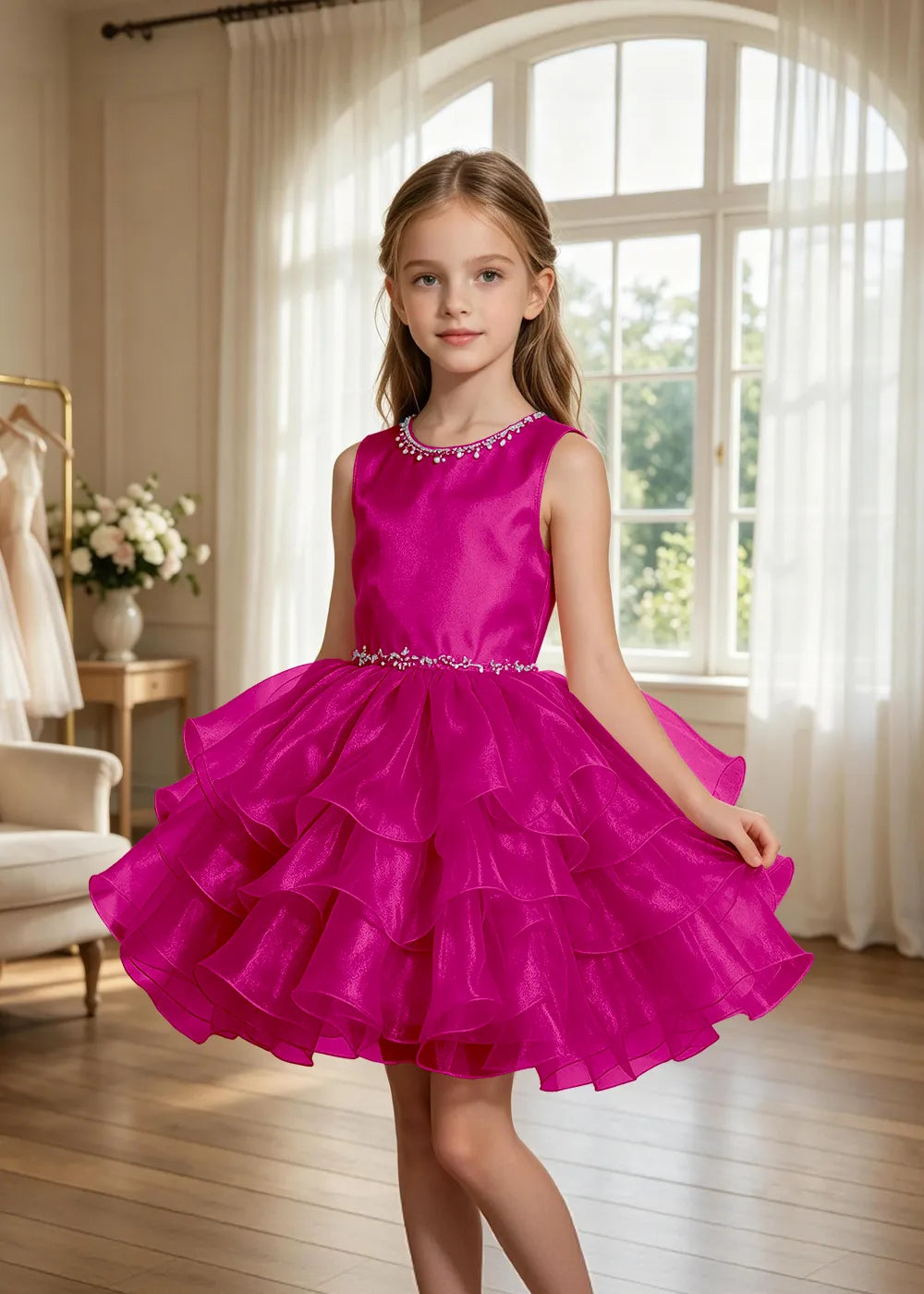 Jeweled Neck Tiered Tulle Party Dress for Girls