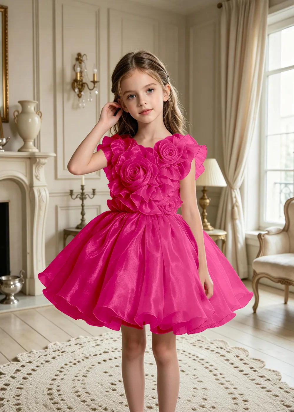 3D Rose Appliqué Tulle Party Dress for Girls
