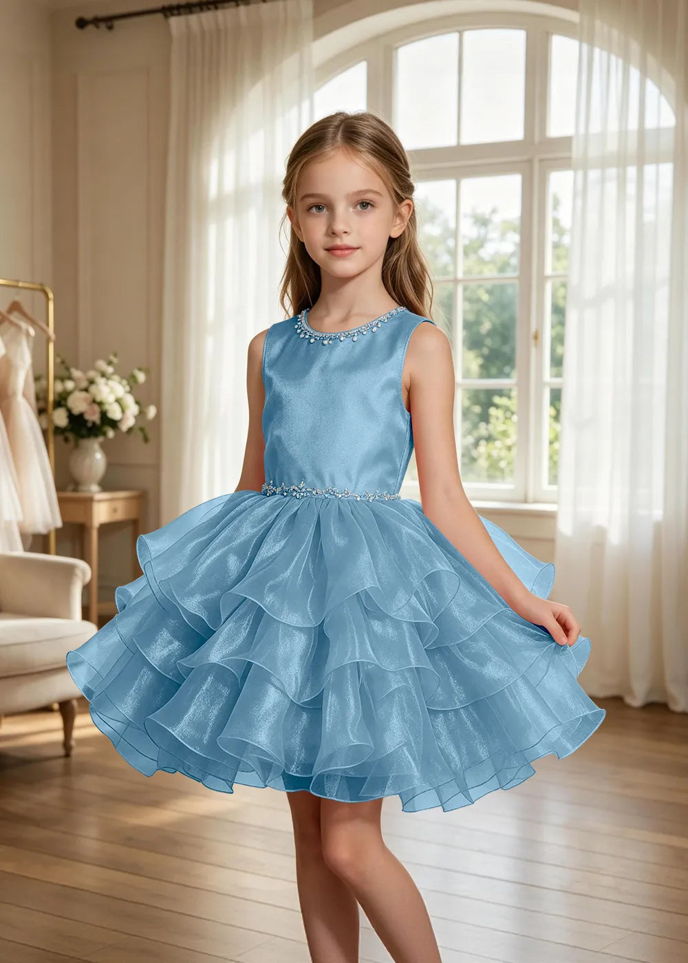 Jeweled Neck Tiered Tulle Party Dress for Girls