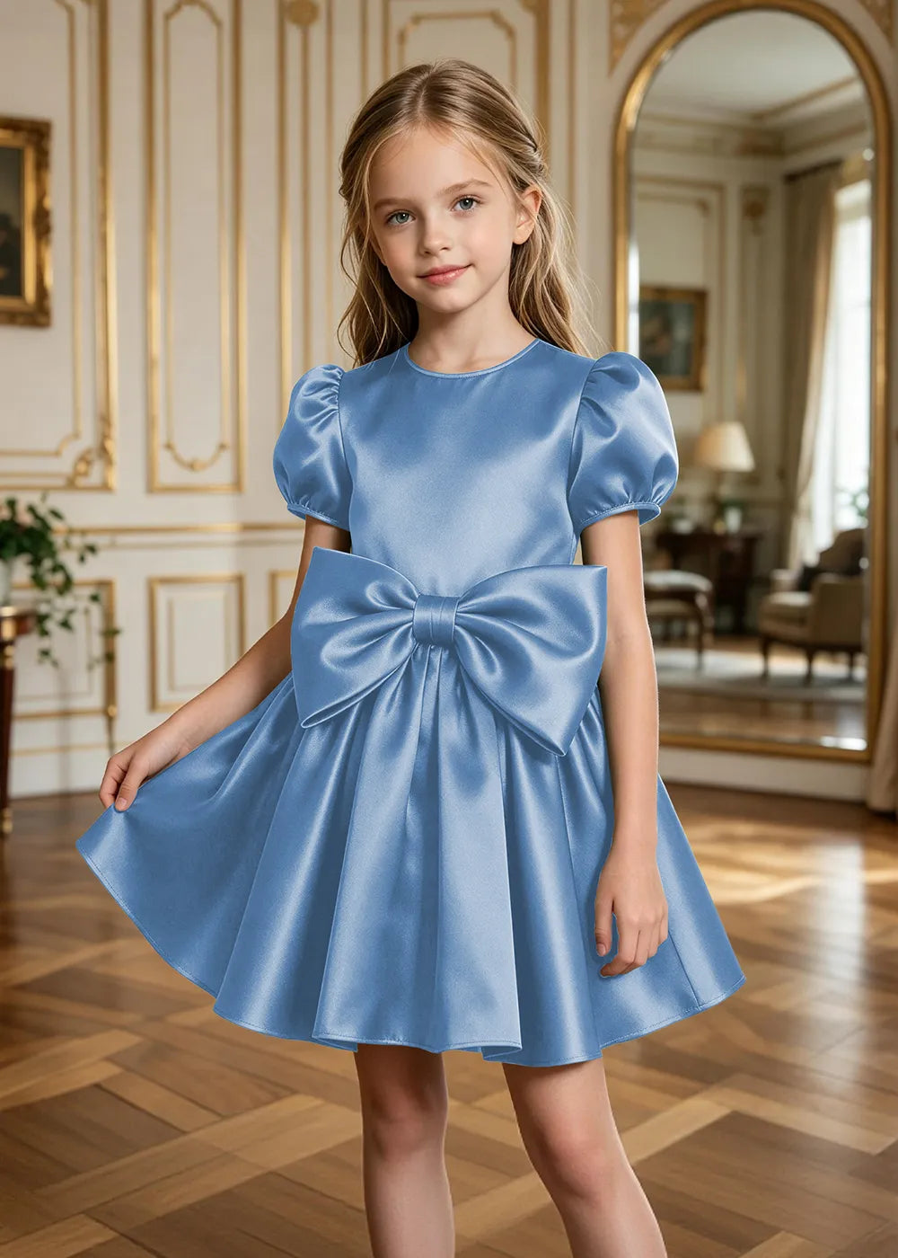 Aurelia Puff-Sleeve Satin Bow Party Dress