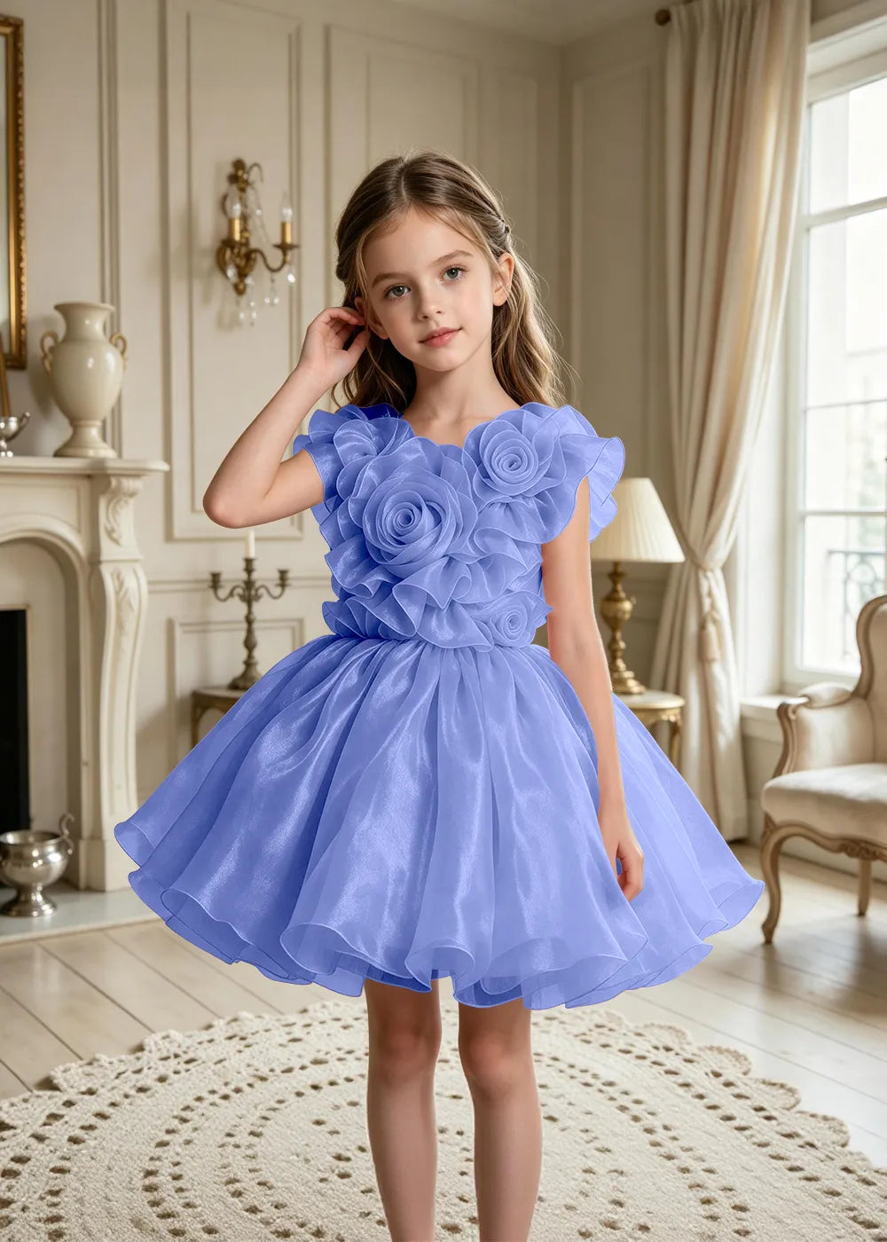 3D Rose Appliqué Tulle Party Dress for Girls