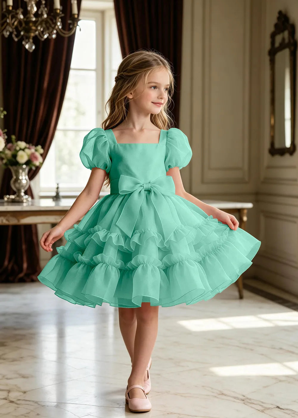 Puff Sleeve Bow Waist Tulle Party Dress for Girls