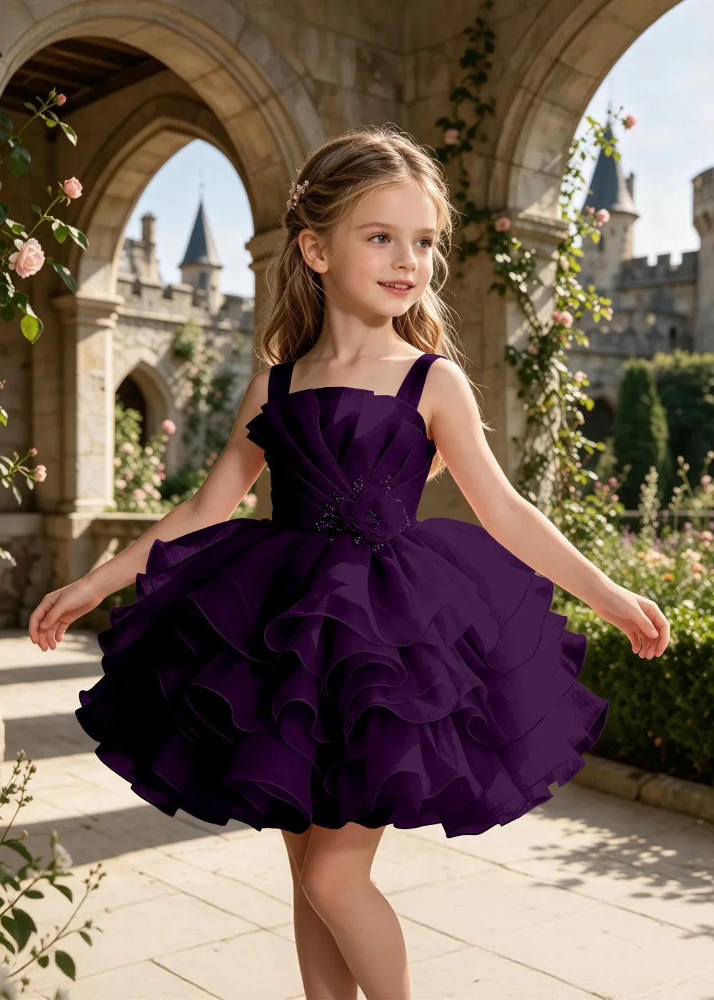 Sculpted Floral Ruffle Party Dress for Girls