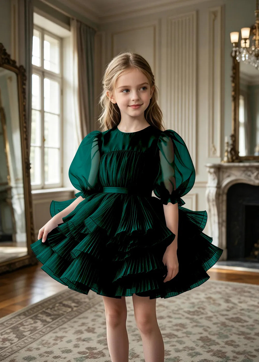 Pleated Puff Sleeve Tulle Party Dress for Girls