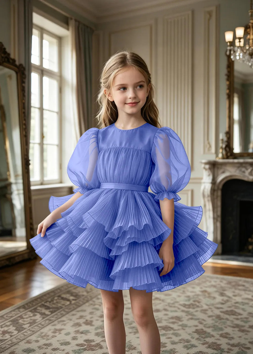 Pleated Puff Sleeve Tulle Party Dress for Girls
