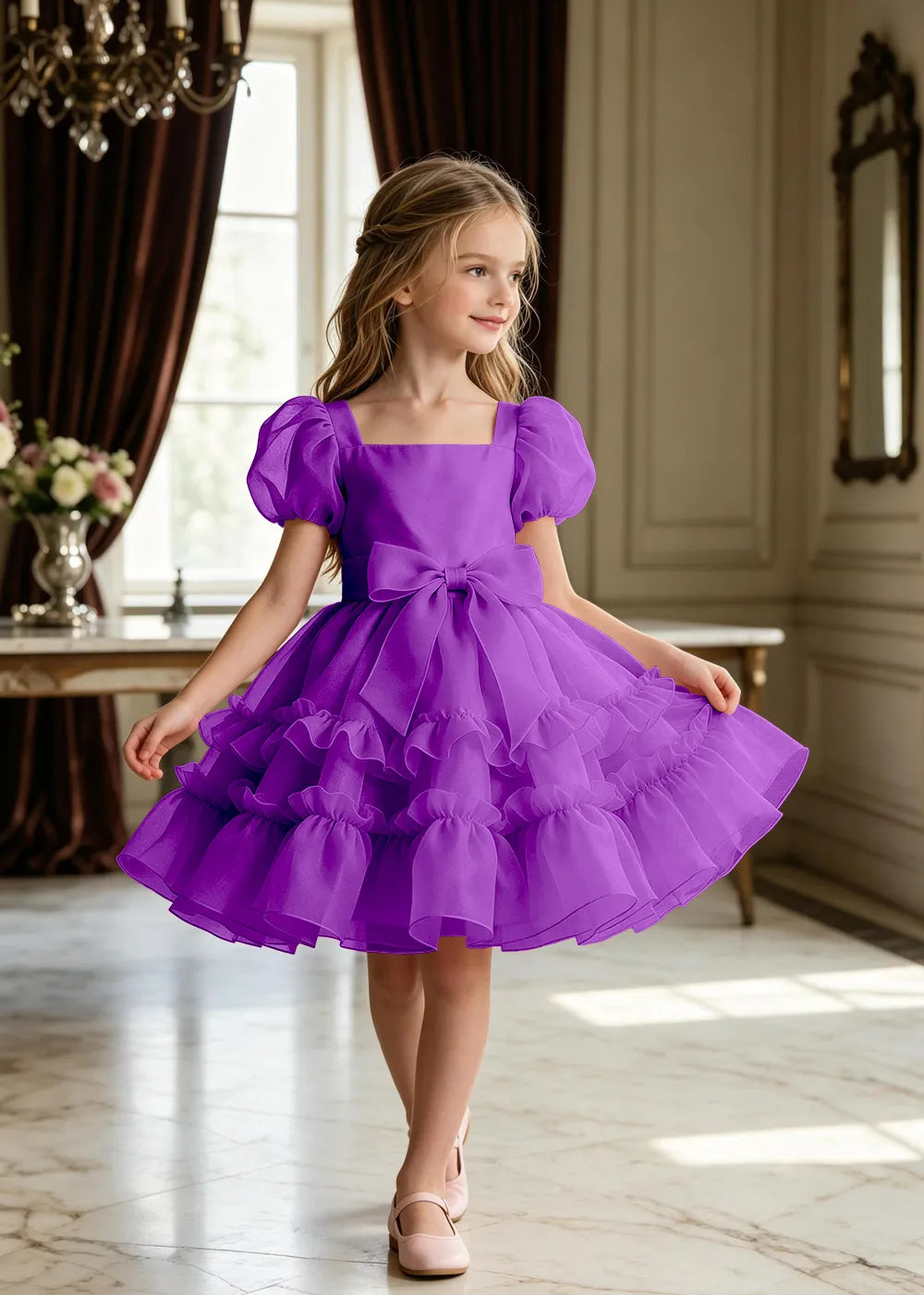 Puff Sleeve Bow Waist Tulle Party Dress for Girls