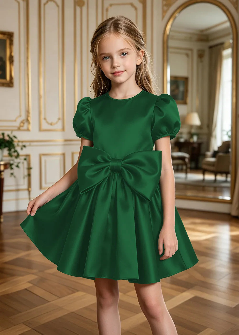 Aurelia Puff-Sleeve Satin Bow Party Dress