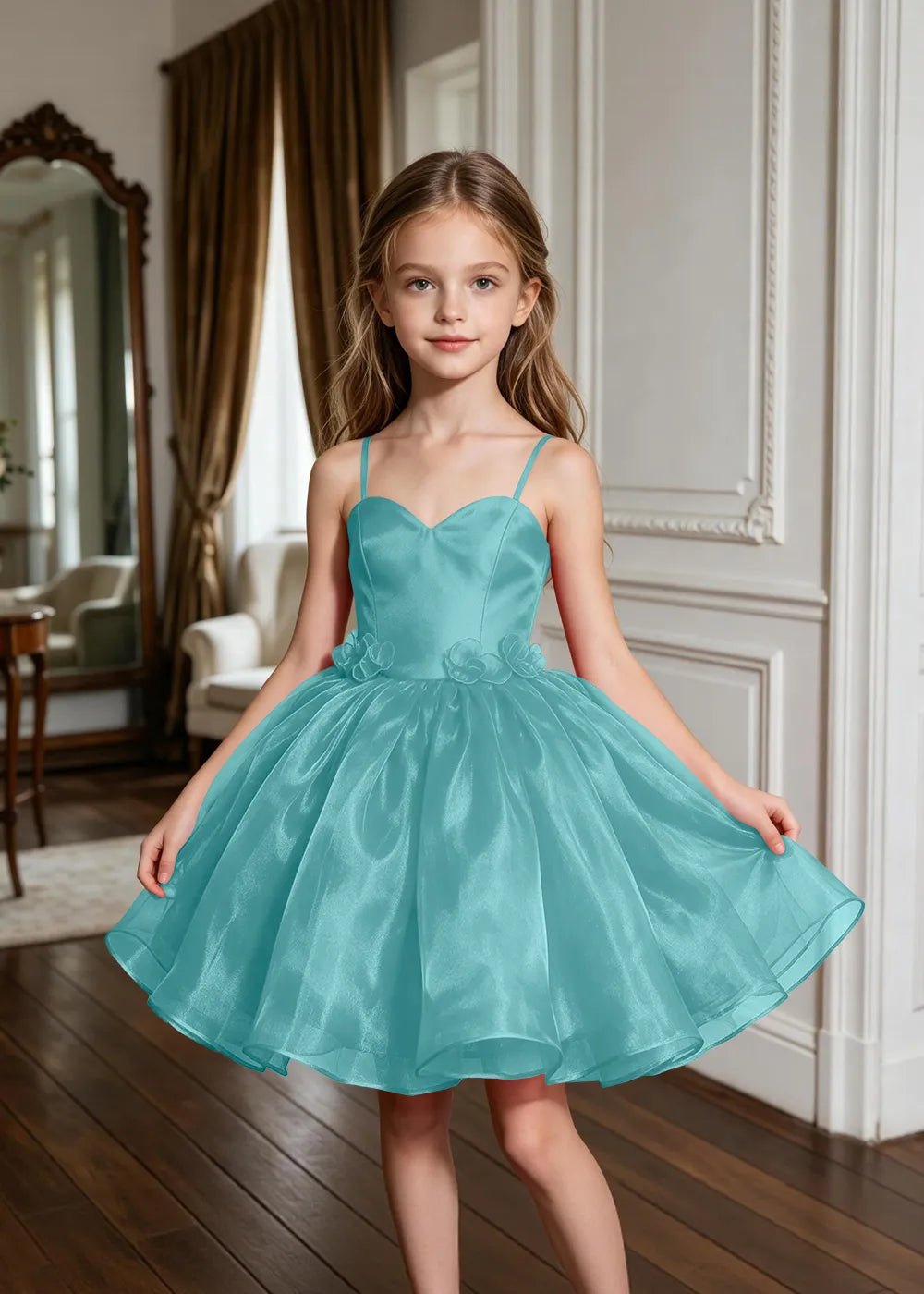 Sweetheart Neck Floral Appliqué Party Dress for Girls