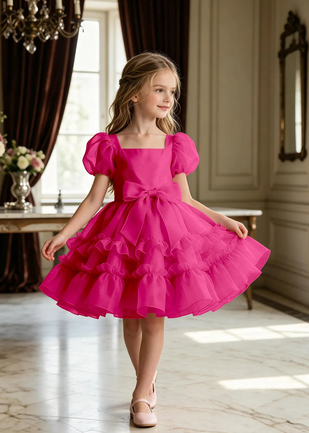 Puff Sleeve Bow Waist Tulle Party Dress for Girls