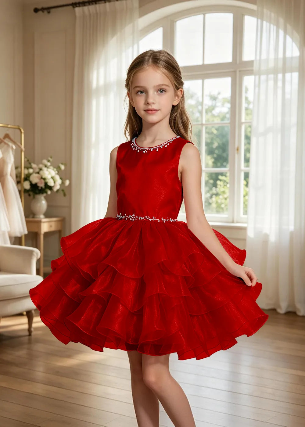 Jeweled Neck Tiered Tulle Party Dress for Girls