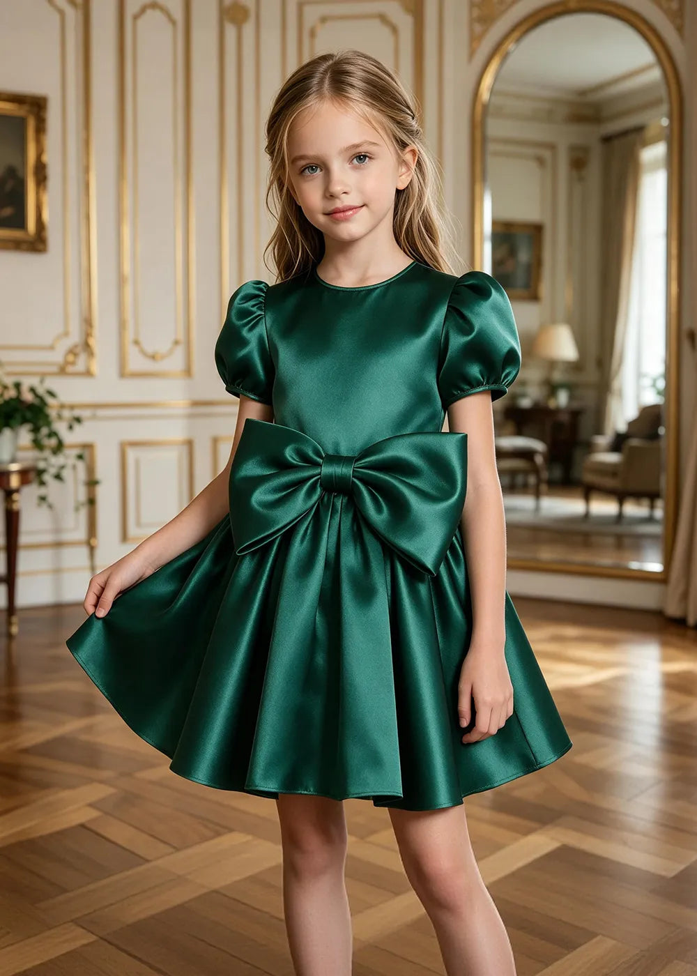 Aurelia Puff-Sleeve Satin Bow Party Dress
