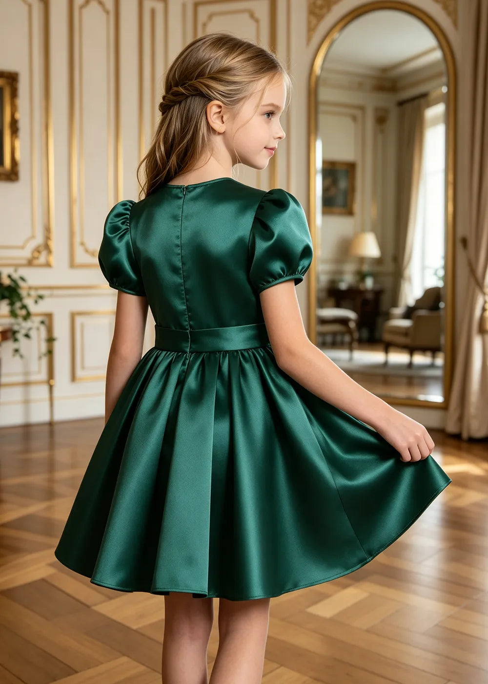 Aurelia Puff-Sleeve Satin Bow Party Dress