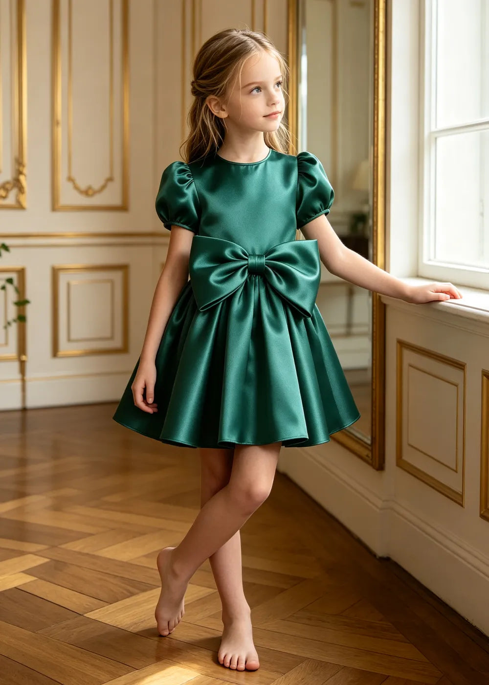 Aurelia Puff-Sleeve Satin Bow Party Dress