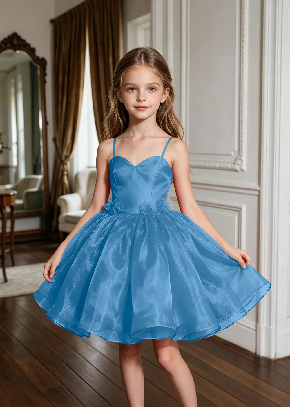 Sweetheart Neck Floral Appliqué Party Dress for Girls