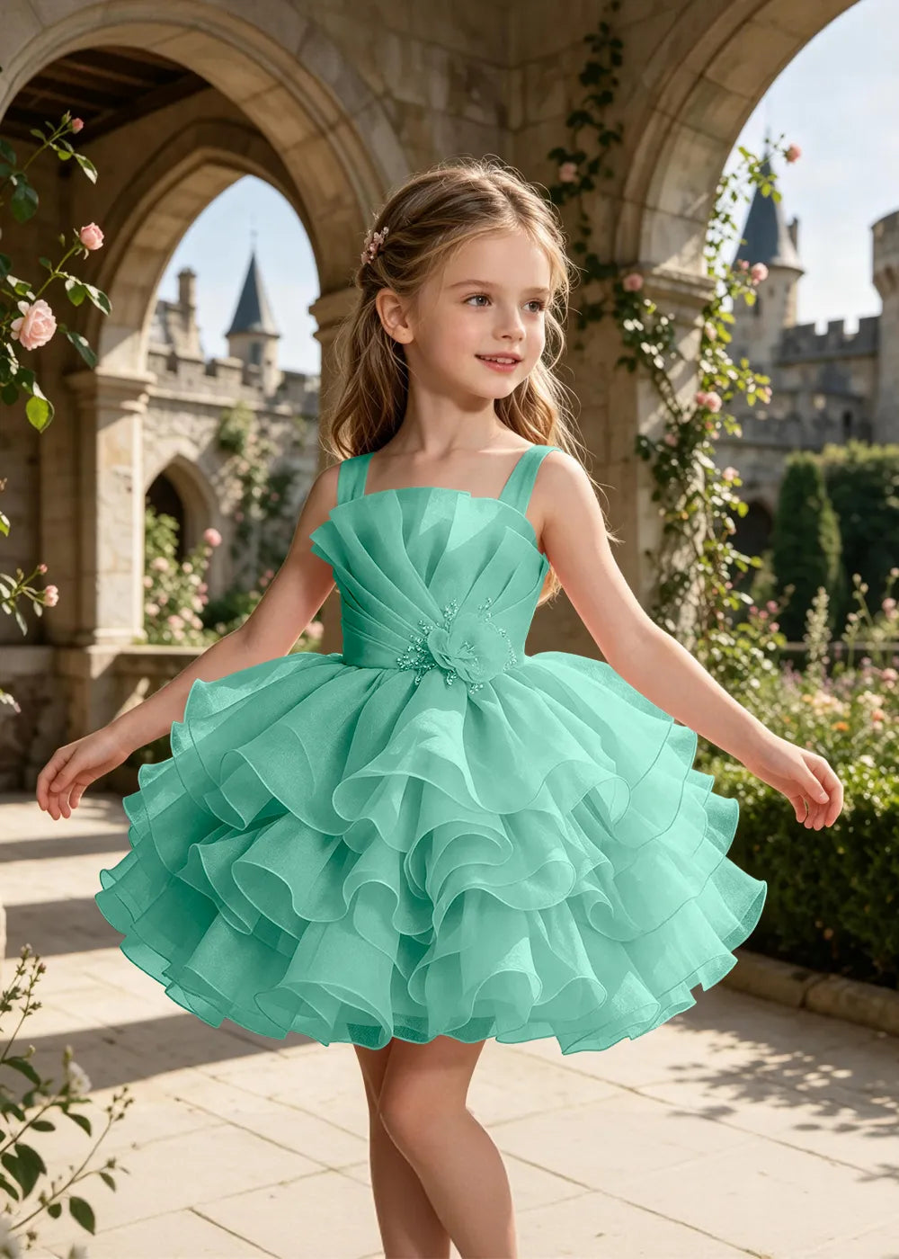 Sculpted Floral Ruffle Party Dress for Girls