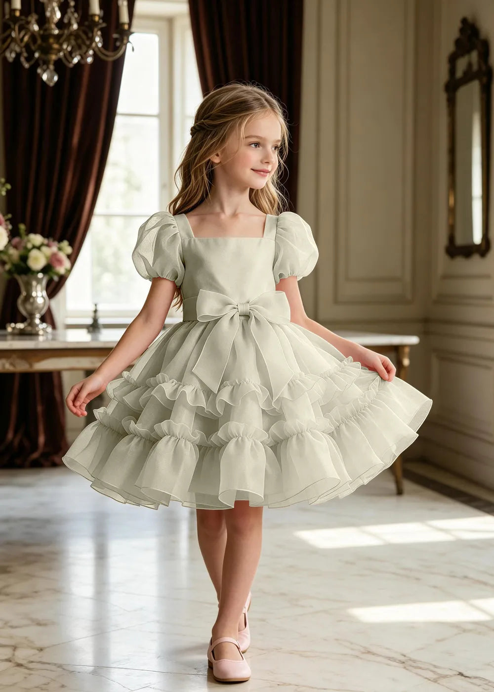 Puff Sleeve Bow Waist Tulle Party Dress for Girls