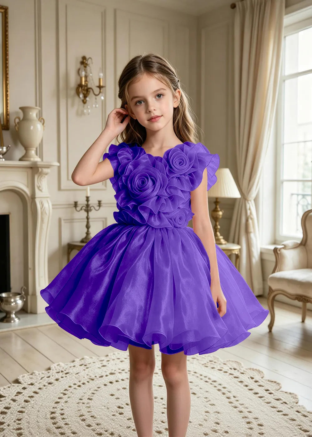 3D Rose Appliqué Tulle Party Dress for Girls