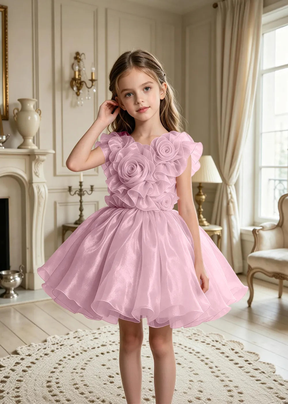 3D Rose Appliqué Tulle Party Dress for Girls