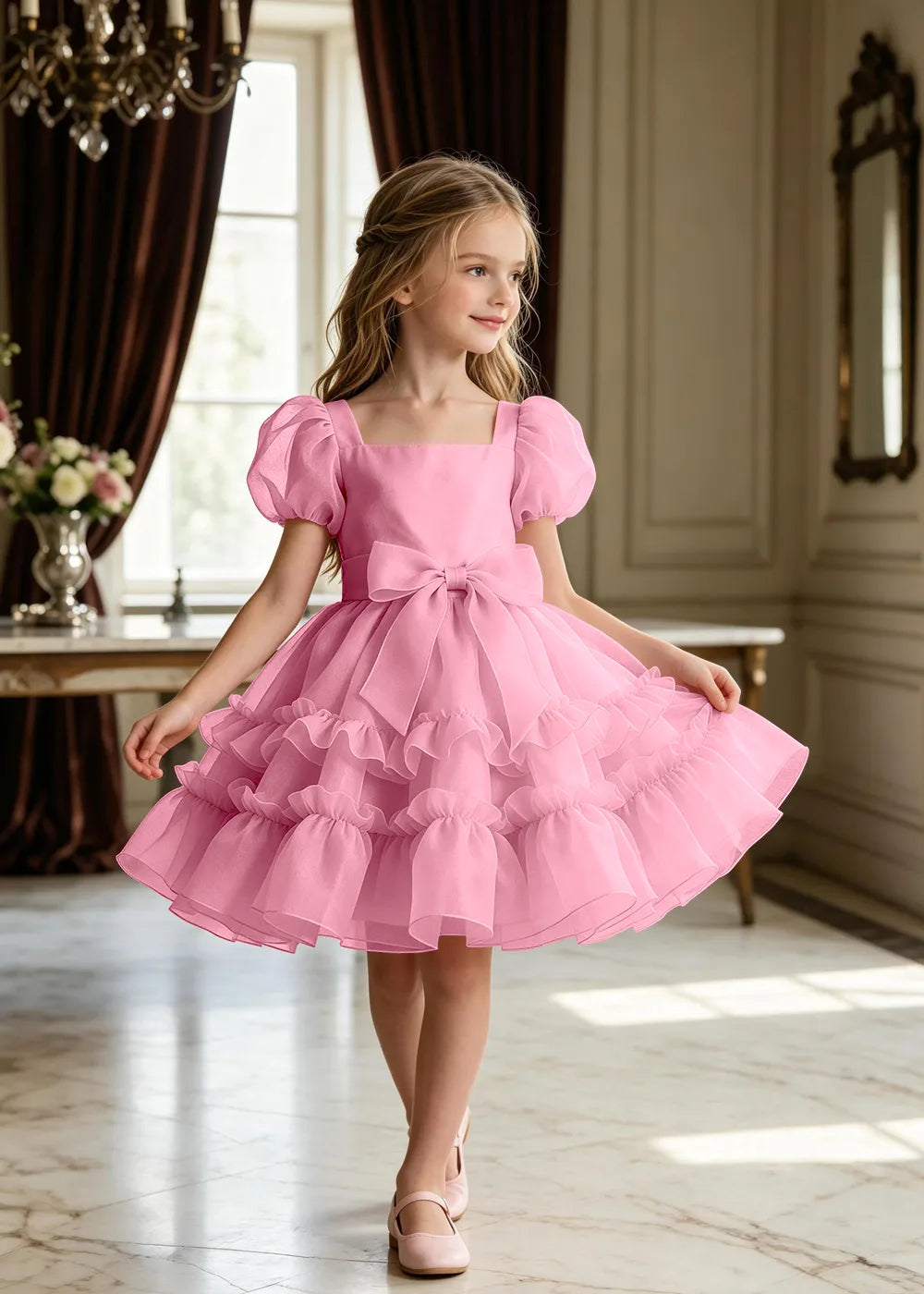 Puff Sleeve Bow Waist Tulle Party Dress for Girls