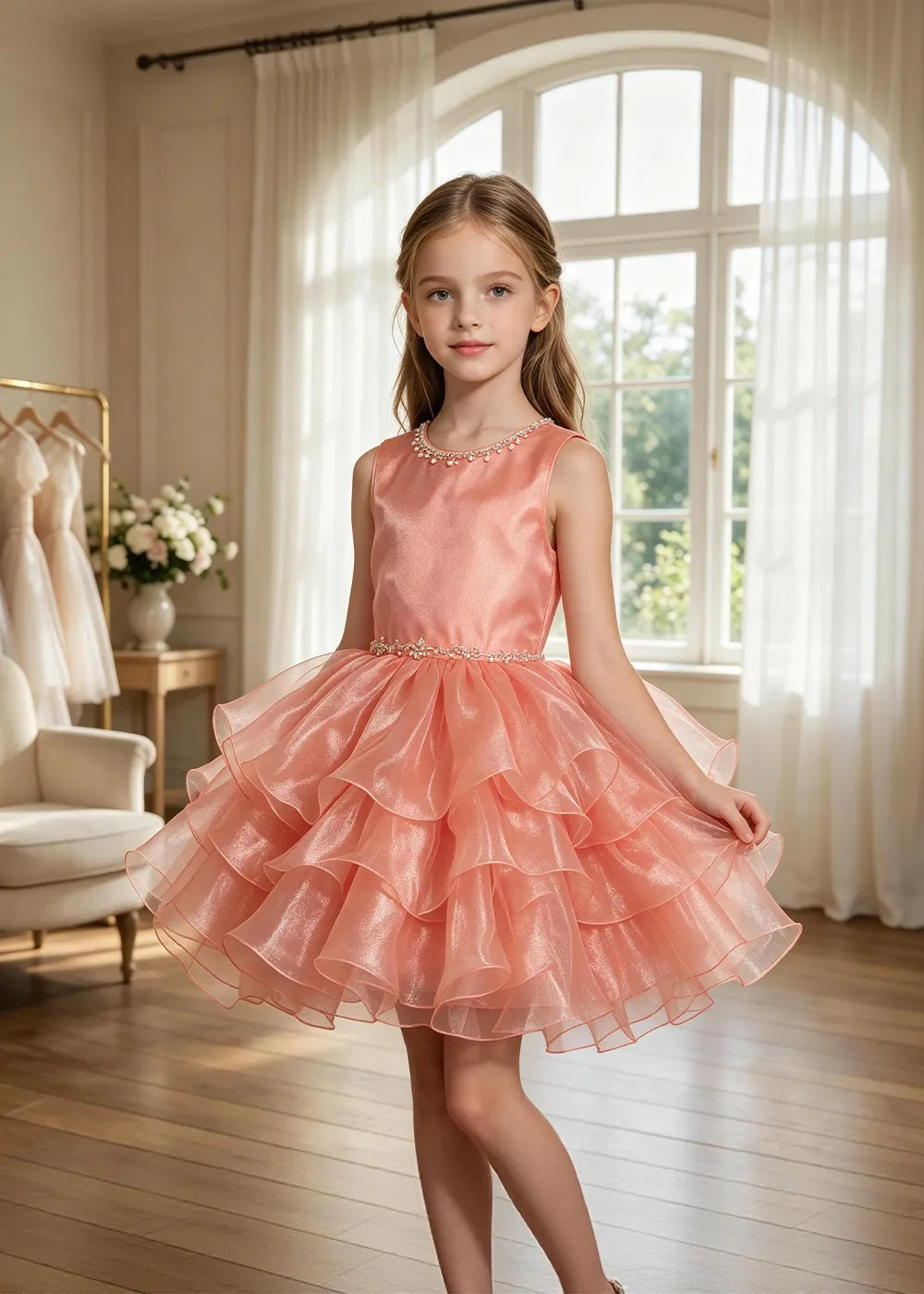 Jeweled Neck Tiered Tulle Party Dress for Girls