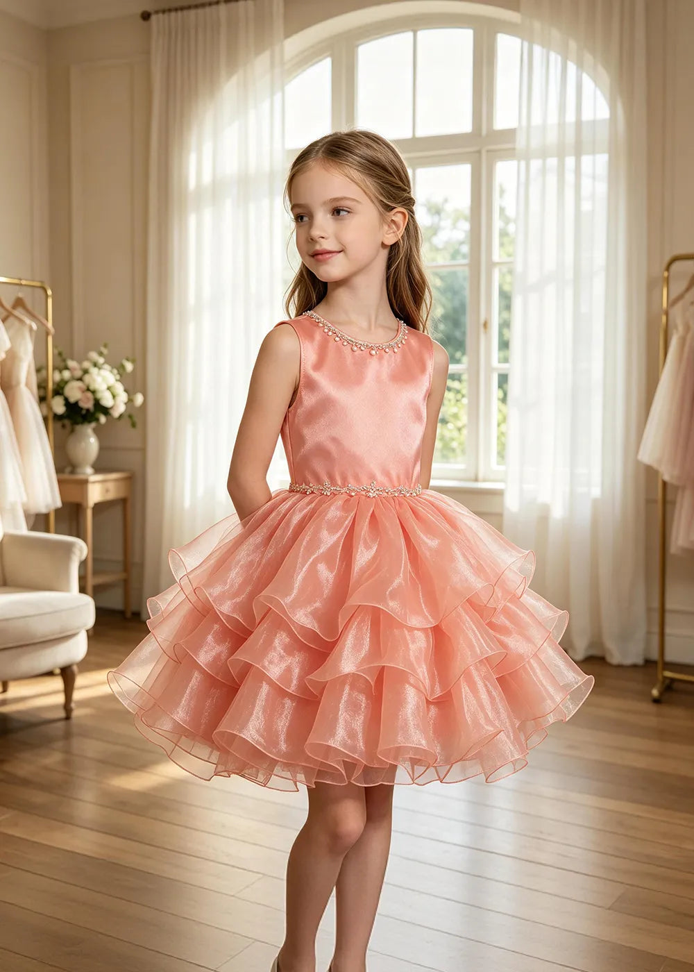 Jeweled Neck Tiered Tulle Party Dress for Girls