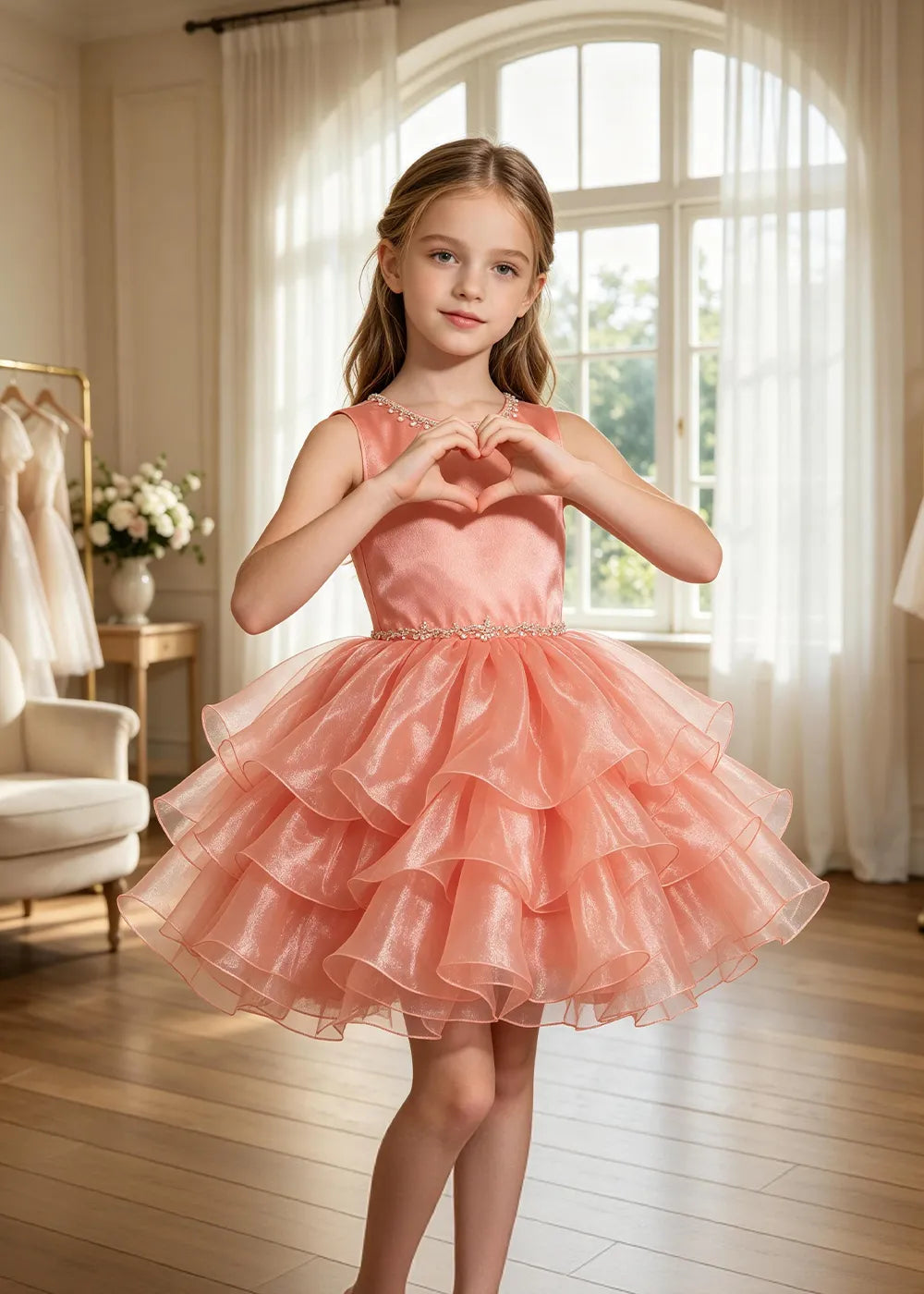 Jeweled Neck Tiered Tulle Party Dress for Girls