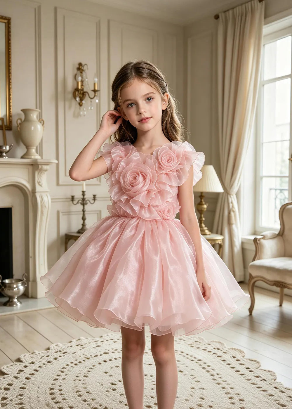 3D Rose Appliqué Tulle Party Dress for Girls