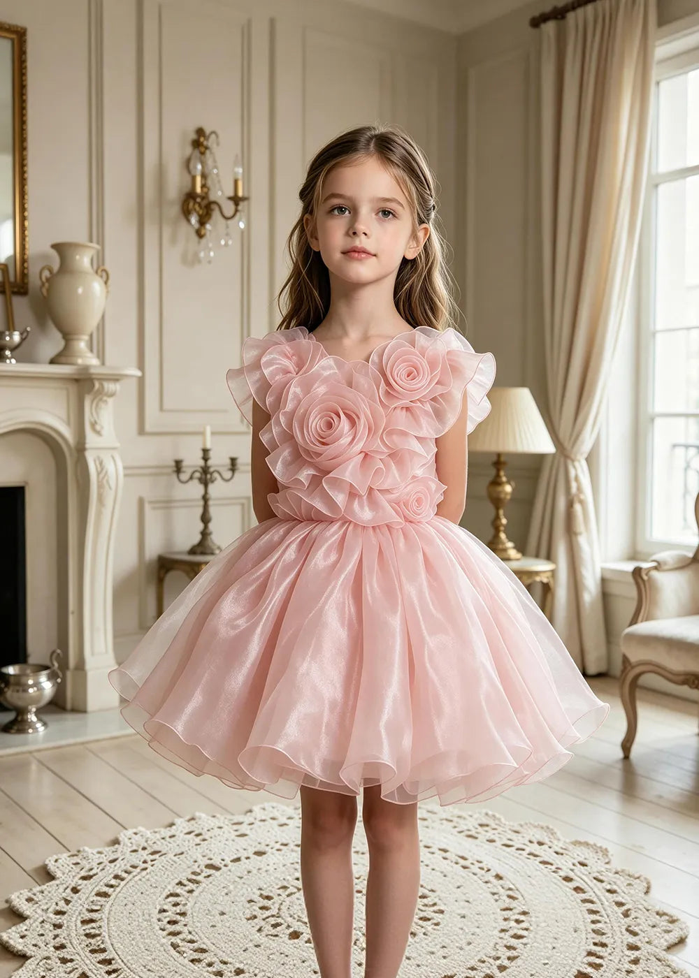 3D Rose Appliqué Tulle Party Dress for Girls