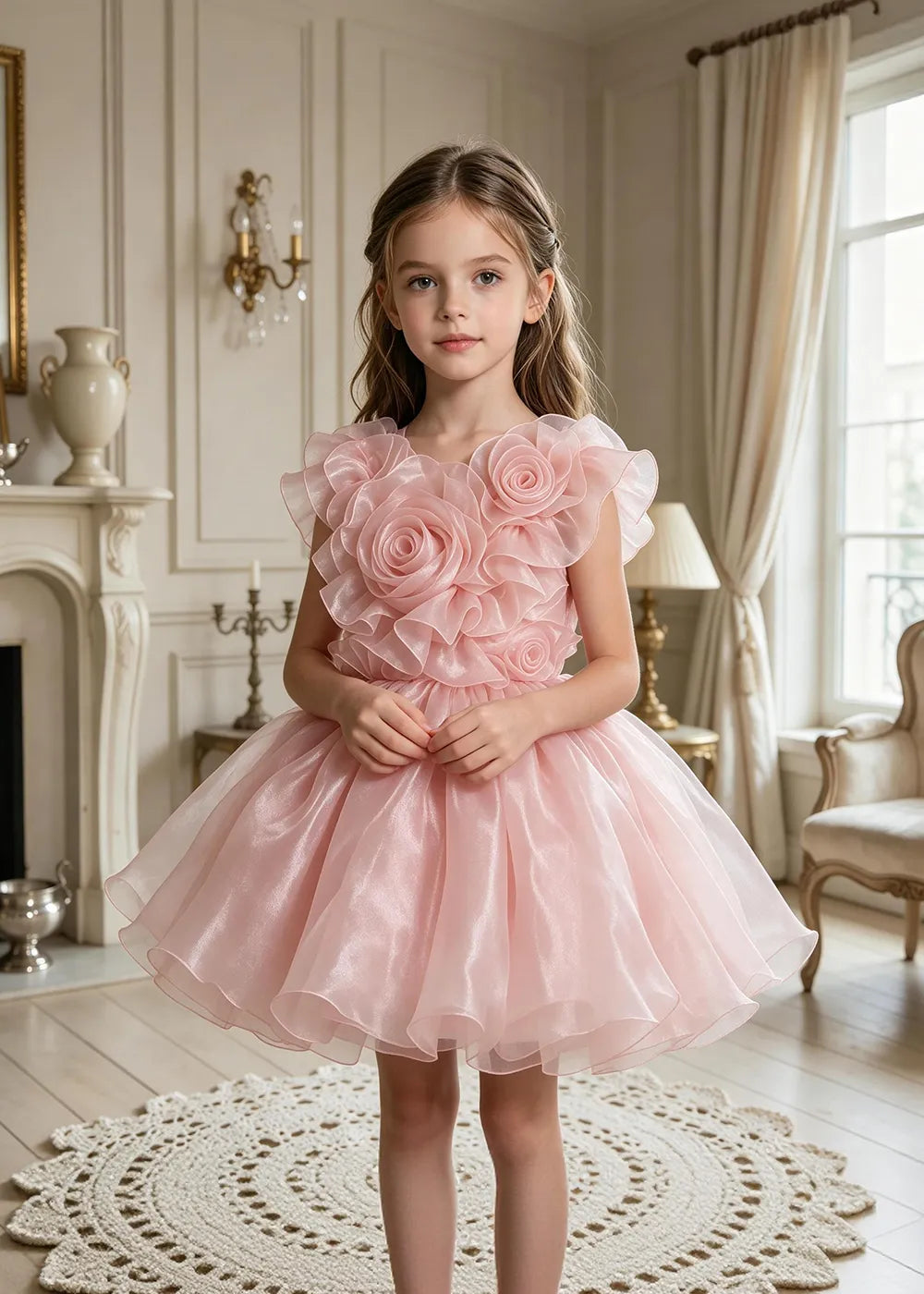 3D Rose Appliqué Tulle Party Dress for Girls