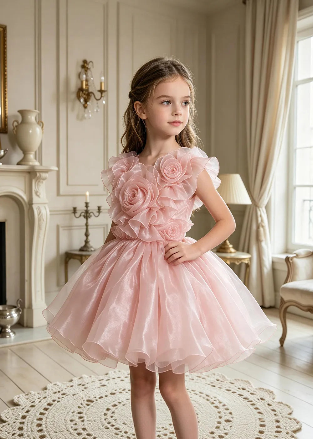 3D Rose Appliqué Tulle Party Dress for Girls