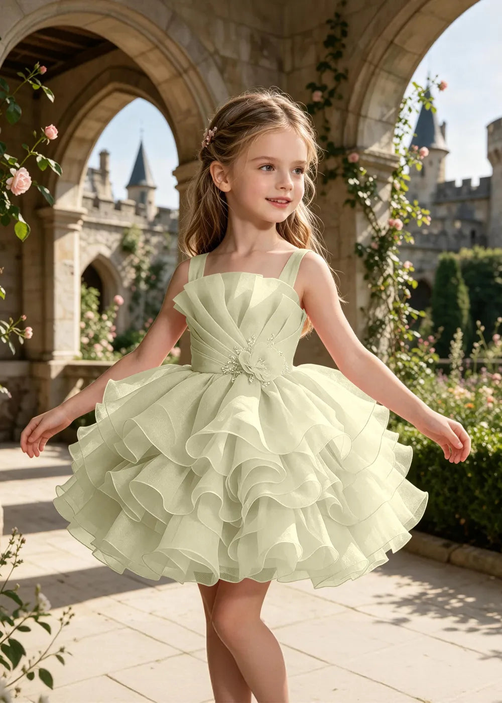 Sculpted Floral Ruffle Party Dress for Girls