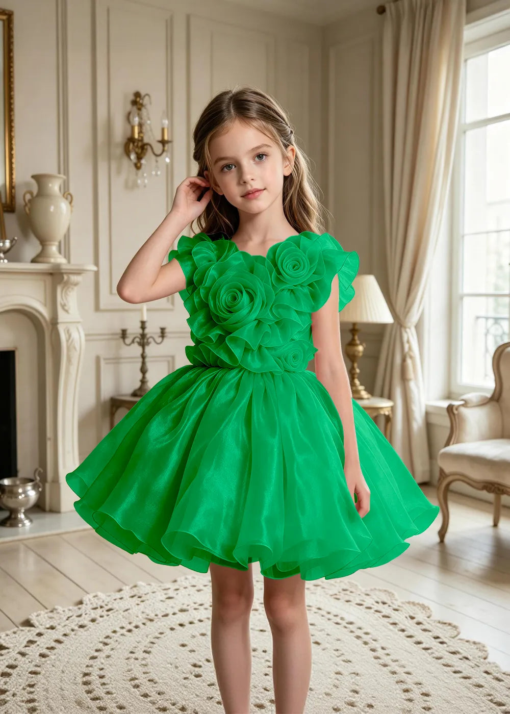 3D Rose Appliqué Tulle Party Dress for Girls