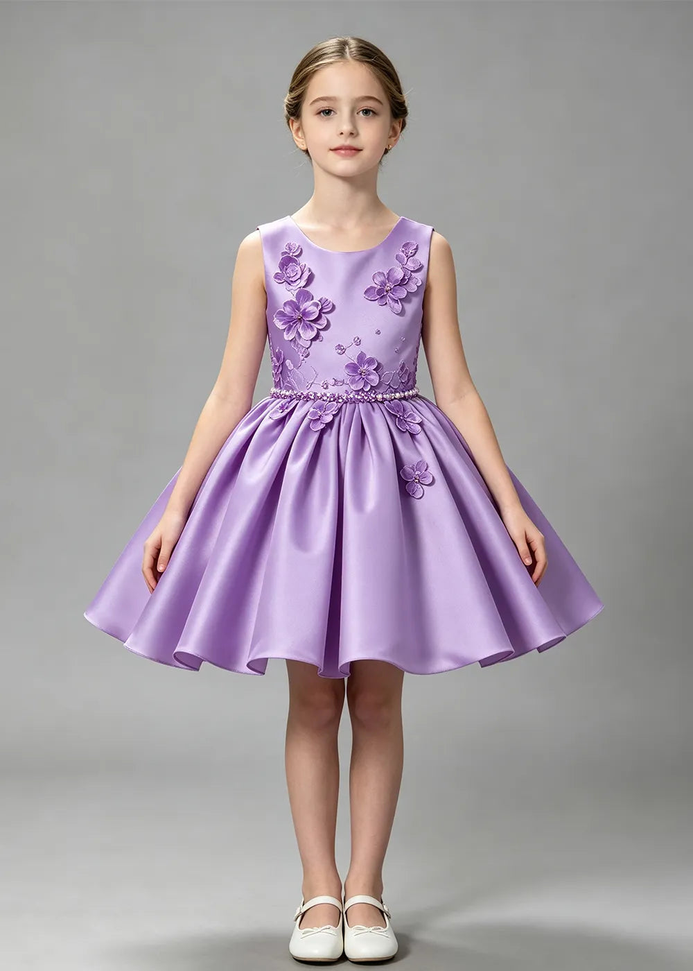 Floral Appliqué Satin First Communion Dress for Girls