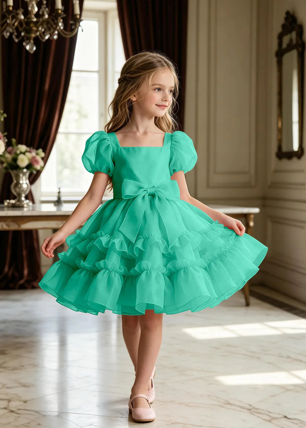 Puff Sleeve Bow Waist Tulle Party Dress for Girls