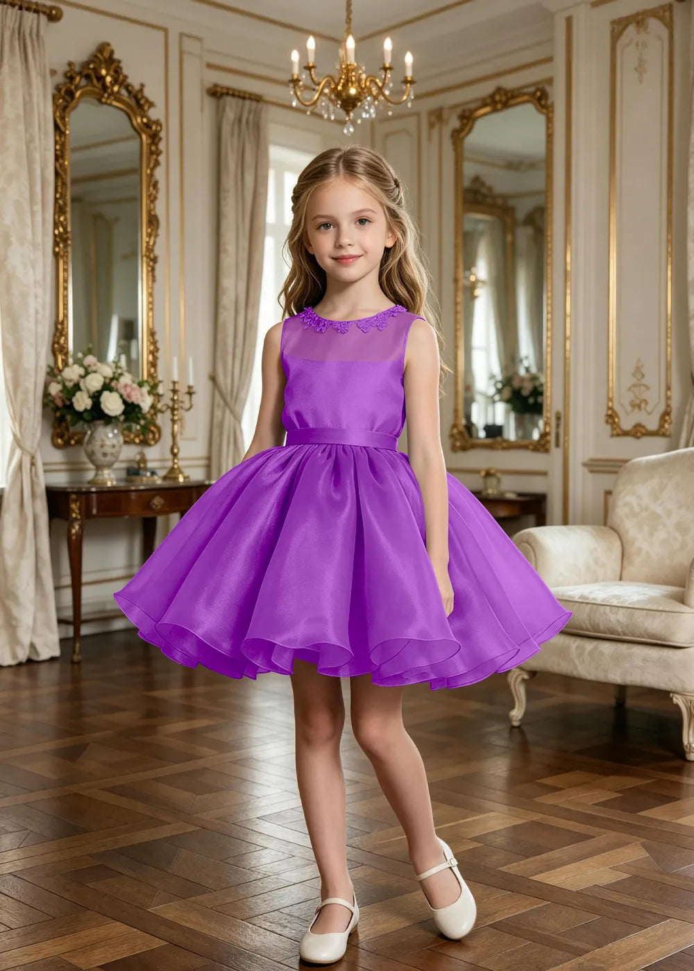 Floral Neckline Junior Bridesmaid Formal Dress